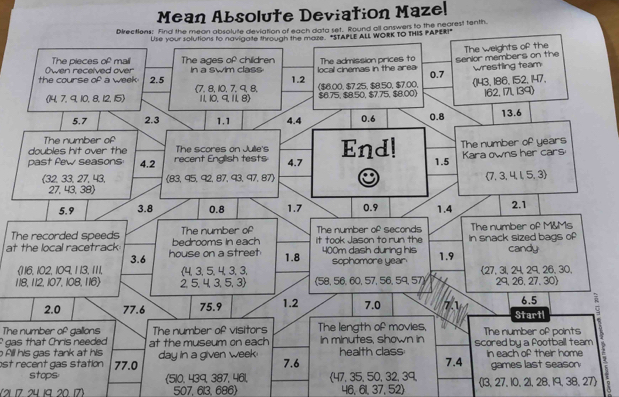 Mean Absolute Deviation Mazel 
und all answers to the nearest tenth. 
T 
at the local racetrack 
( 
1 

The number of gallons
gas that Chris needed 
fill his gas tank at his 
st recent gas station
(510, 439, 387, 461, 
(21 17. 24 19 20. 17) 507. 613. 686) 46, 61, 37, 52) 13, 27, 10、 21, 28,19, 38, 27