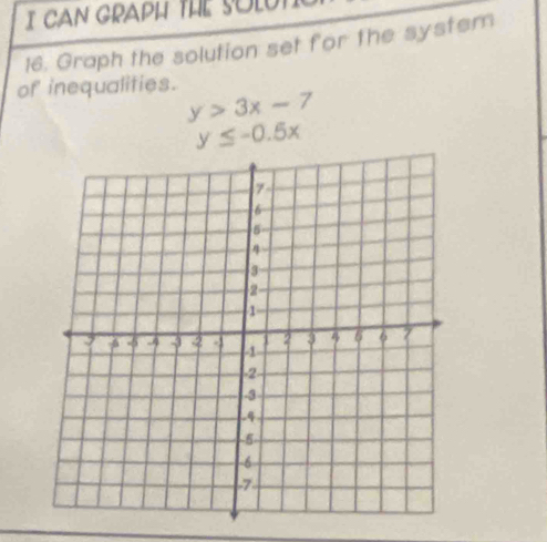 CAN GRAPH THE SOOT 
16. Graph the solution set for the system
of inequalities.
y>3x-7
y≤ -0.5x