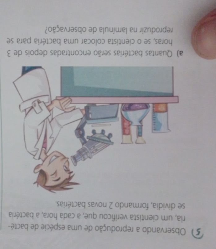 Observando a reprodução de uma espécie de bacté- 
ria, um cientista verificou que, a cada hora, a bactéria 
se dividia, formando 2 novas bactérias. 
a) Quantas bactérias serão encontradas depois de 3
horas, se o cientista colocar uma bactéria para se 
reproduzir na lamínula de observação?