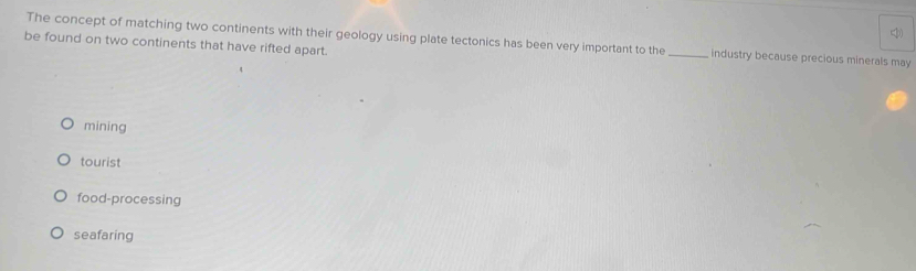 )
The concept of matching two continents with their geology using plate tectonics has been very important to the _industry because precious minerals may
be found on two continents that have rifted apart.
mining
tourist
food-processing
seafaring