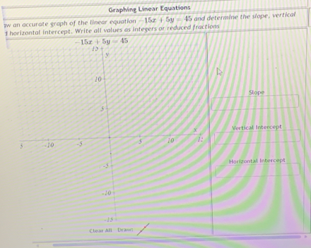 Graphing Linear Equations
zw an accurate graph of the linear equation -15x+5y=45 and determine the slope, vertical
d horizontal intercept. Write all values as integers or reduced fractions
Slope
Vertical Intercept
Horizontal Intercept
Clear All Draw: