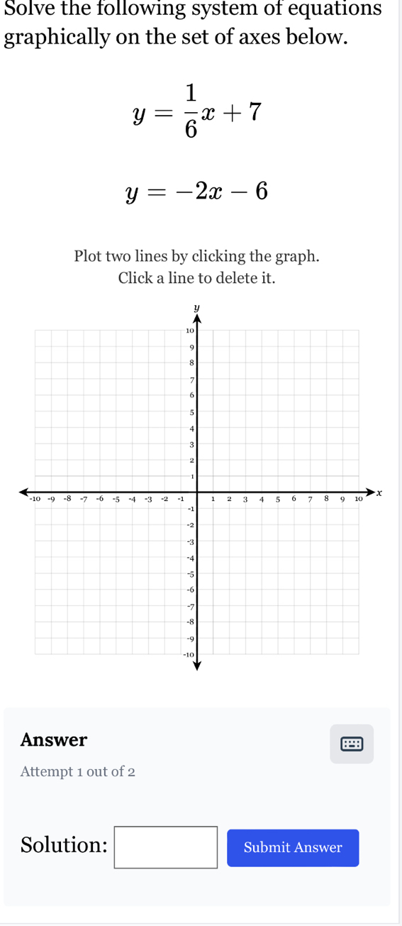 Solve the following system of equations 
graphically on the set of axes below.
y= 1/6 x+7
y=-2x-6
Plot two lines by clicking the graph. 
Click a line to delete it. 
Answer 
P 
Attempt 1 out of 2 
Solution: □ Submit Answer