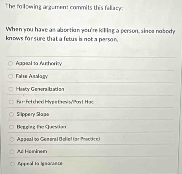 The following argument commits this fallacy:
When you have an abortion you're killing a person, since nobody
knows for sure that a fetus is not a person.
Appeal to Authority
False Analogy
Hasty Generalization
Far-Fetched Hypothesis/Post Hoc
Slippery Slope
Begging the Question
Appeal to General Belief (or Practice)
Ad Hominem
Appeal to Ignorance