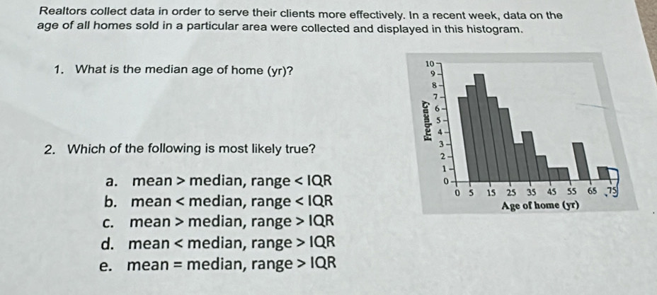 Realtors collect data in order to serve their clients more effectively. In a recent week, data on the
age of all homes sold in a particular area were collected and displayed in this histogram.
1. What is the median age of home (yr)? 
2. Which of the following is most likely true?
a. mean > median, range ∠ IQR
b. mean < median, range  ∠ IQR
c. mean > median, range IQR
d. mean < median, range  IQR
e. mean = median, range IQR