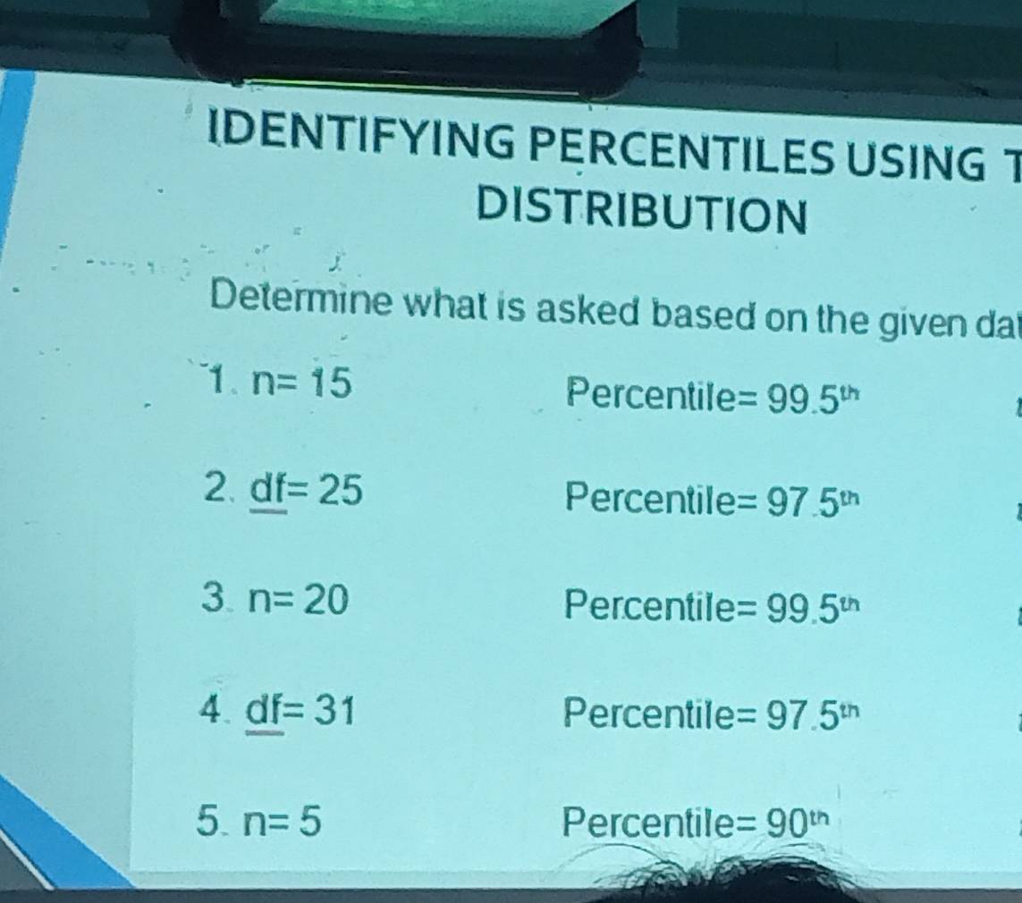 IDENTIFYING PERCENTILES USING T 
DISTRIBUTION 
Determine what is asked based on the given dat 
1. n=15 Percentile =99.5^(th)
2. _ df=25 Percentile =97.5^(th)
3. n=20 Percentile =99.5^(th)
4. _ df=31 Percentile =97.5^(th)
5. n=5 Percentile =90^(th)