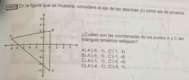 119E09. En la figura que se muestra, considere al eje de las abscisas (x) como eje de simetría.
¿Cuáles son las coordenadas de los puntos A y C del
triángulo simétrico reflejado?
A'(-5,-1), C'(1,4)
A'(-5,1), C'(-1,-4)
A'(-1,1), C'(-5,-4)
A'(-4,-1), C'(-5,1)