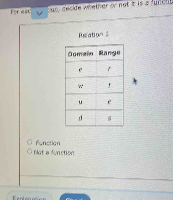 For eac tion, decide whether or not it is a functo
Relation 1
Function
Not a function
Exolanation