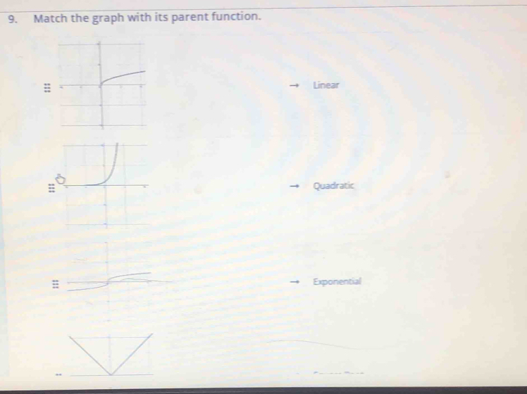 Match the graph with its parent function.
:;
Linear
# Quadratic
: Exponential