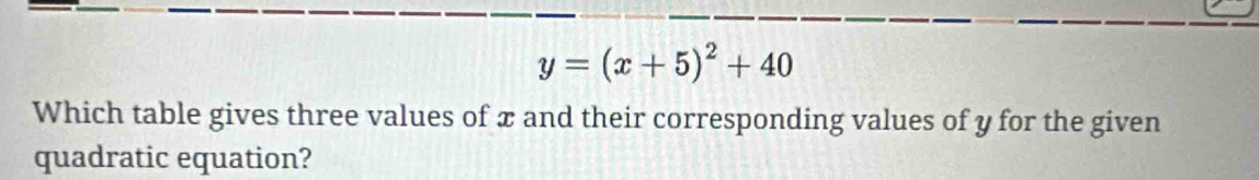 y=(x+5)^2+40
Which table gives three values of x and their corresponding values of y for the given 
quadratic equation?