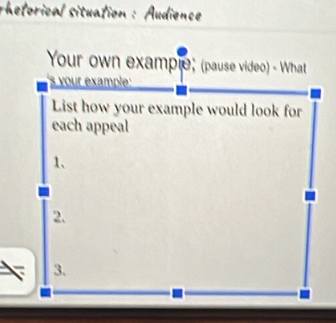 rhetorical situation : Audience 
Your own example; (pause video) - What 
s your example 
List how your example would look for 
each appeal 
1、 
2. 
3.