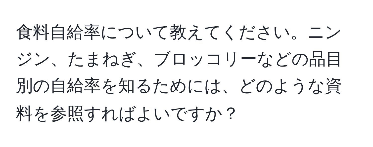 食料自給率について教えてください。ニンジン、たまねぎ、ブロッコリーなどの品目別の自給率を知るためには、どのような資料を参照すればよいですか？