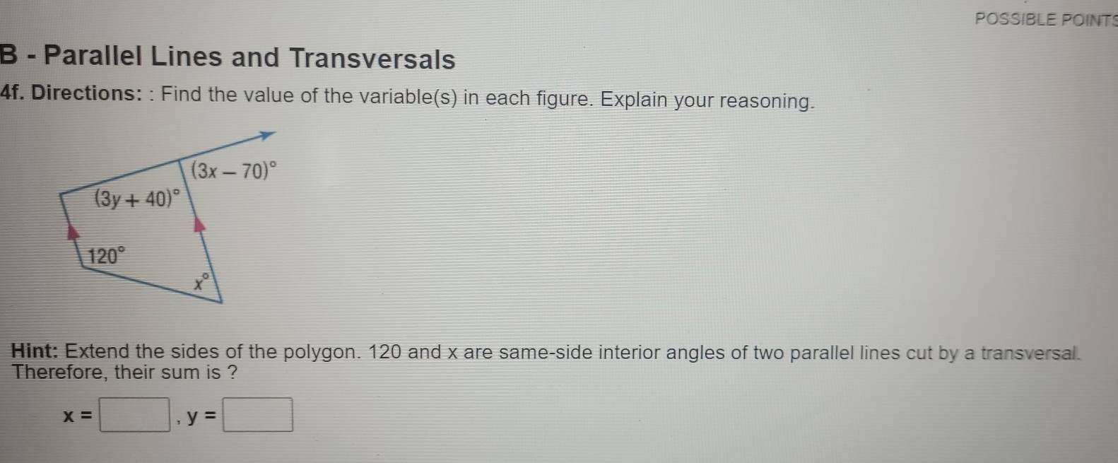 Solved: POSSIBLE POINT B - Parallel Lines and Transversals 4f ...