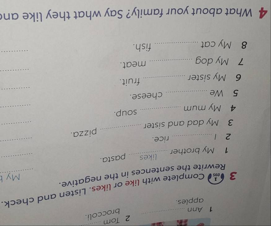 Tom_ 
1 Ann 
_broccoli. 
apples. 
3 ●● Complete with like or likes. Listen and check. 
Rewrite the sentences in the negative._ 
My b 
1 My brother _likes pasta. 
_ 
2 1_ 
rice. 
_pizza. 
_ 
3 My dad and sister 
_ 
_ 
4 My mum _soup. 
_ 
5 We _cheese. 
_ 
6 My sister _fruit. 
7 My dog _meat. 
8 My cat _fish. 
_ 
4 What about your family? Say what they like an