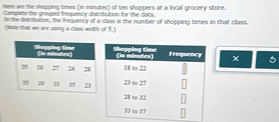 there are the shopping times (in minutes) of ten shoppers at a local grocery store. 
Complete the grouped frequency distrbution for the data. 
In the distrbution, the frequency of a class is the number of shopping times in that class. 
(Nime that we are ussing a class width of 5.)
x