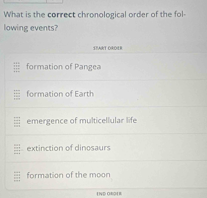 What is the correct chronological order of the fol-
lowing events?
START ORDER
formation of Pangea
formation of Earth
emergence of multicellular life
extinction of dinosaurs
formation of the moon
END ORDER