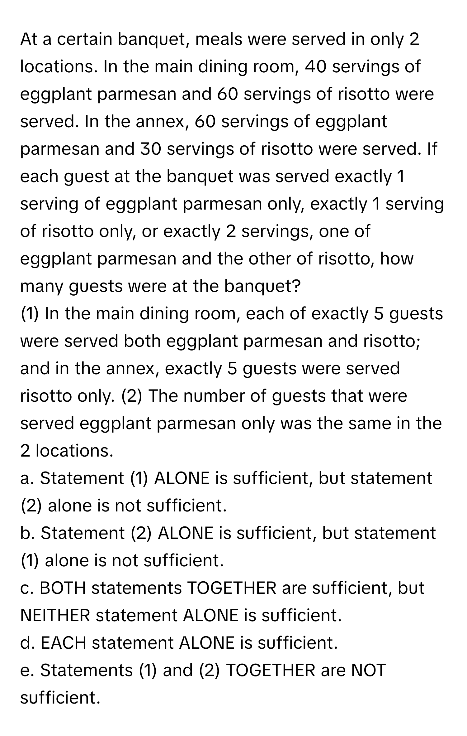 At a certain banquet, meals were served in only 2 locations. In the main dining room, 40 servings of eggplant parmesan and 60 servings of risotto were served. In the annex, 60 servings of eggplant parmesan and 30 servings of risotto were served. If each guest at the banquet was served exactly 1 serving of eggplant parmesan only, exactly 1 serving of risotto only, or exactly 2 servings, one of eggplant parmesan and the other of risotto, how many guests were at the banquet?

(1) In the main dining room, each of exactly 5 guests were served both eggplant parmesan and risotto; and in the annex, exactly 5 guests were served risotto only. (2) The number of guests that were served eggplant parmesan only was the same in the 2 locations. 
a. Statement (1) ALONE is sufficient, but statement (2) alone is not sufficient. 
b. Statement (2) ALONE is sufficient, but statement (1) alone is not sufficient. 
c. BOTH statements TOGETHER are sufficient, but NEITHER statement ALONE is sufficient. 
d. EACH statement ALONE is sufficient. 
e. Statements (1) and (2) TOGETHER are NOT sufficient.