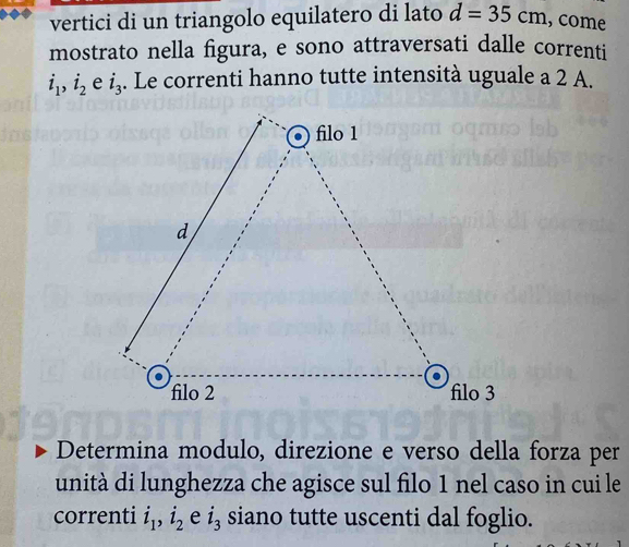 vertici di un triangolo equilatero di lato d=35cm , come 
mostrato nella figura, e sono attraversati dalle correnti
i_1, i_2 i_3. Le correnti hanno tutte intensità uguale a 2 A. 
Determina modulo, direzione e verso della forza per 
unità di lunghezza che agisce sul filo 1 nel caso in cui le 
correnti i_1, i_2 e i_3 siano tutte uscenti dal foglio.