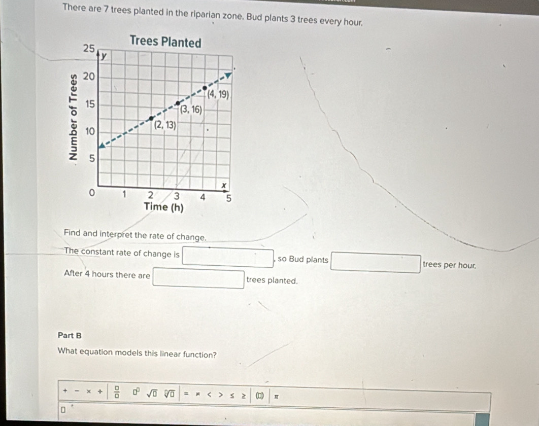 There are 7 trees planted in the riparian zone. Bud plants 3 trees every hour.
Find and interpret the rate of change.
The constant rate of change is □ . , so Bud plants □ trees per hour.
After 4 hours there are □ trees planted.
Part B
What equation models this linear function?
+-* / | 0/0  □^(□) sqrt(□ ) sqrt[□](□ ) =π 4>≤ ≥ |(□ )|π