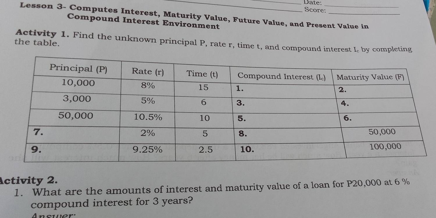 Date: 
Score: 
Lesson 3- Computes Interest, Maturity Value, Future Value, and Present Value in 
Compound Interest Environment 
Activity 1. Find the unknown principal P, rate r, time t, and compound interest I_c by completing 
the table. 
Activity 2. 
1. What are the amounts of interest and maturity value of a loan for P20,000 at 6 %
compound interest for 3 years?