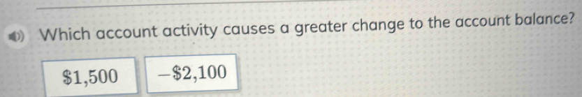 Which account activity causes a greater change to the account balance?
$1,500 -$2,100