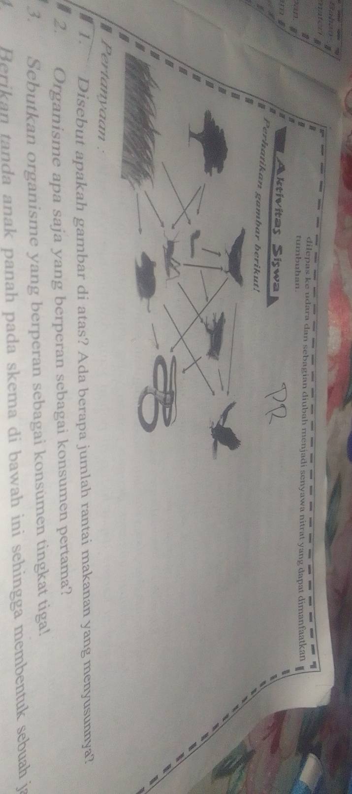 ? 
4 
dilepas ke udara dan sebagian diubah menjadi senyawa nitrat yang dapat dimanfaatkan 
a tumbuhan. 
* Pertanyaan : 
1.~ Disebut apakah gambar di atas? Ada berapa jumlah rantai makanan yang menyusunnya? 
2. Organisme apa saja yang berperan sebagai konsumen pertama? 
3. Sebutkan organisme yang berperan sebagai konsumen tingkat tiga! 
Berikan tanda anak panah pada skema di bawah ini sehingga membentuk sebuah ja