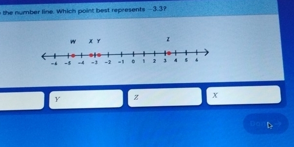 the number line. Which point best represents —3.3?
Y
z
x
Do