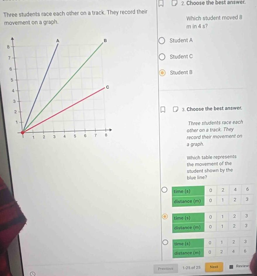 Choose the best answer.
Three students race each other on a track. They record their
movement on a graph. Which student moved 8
m in 4 s?
Student A
Student C
Student B
3. Choose the best answer.
Three students race each
other on a track. They
record their movement on
a graph.
Which table represents
the movement of the
student shown by the
blue line?
Previous 1-25 of 25 Next Review