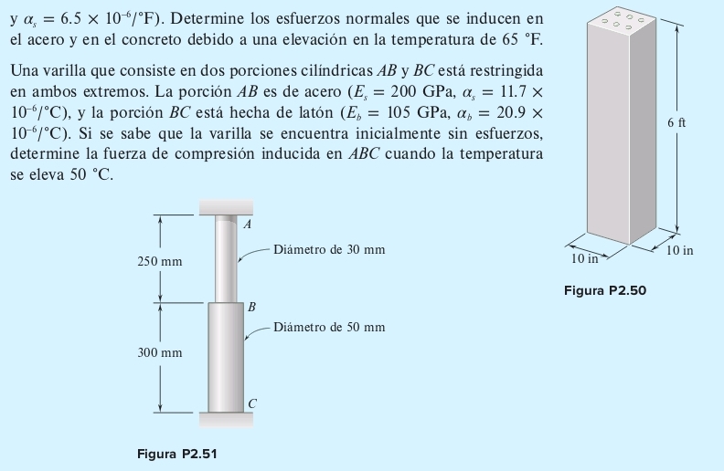 alpha _s=6.5* 10^(-6)/^circ F). Determine los esfuerzos normales que se inducen en 
el acero y en el concreto debido a una elevación en la temperatura de 65°F. 
Una varilla que consiste en dos porciones cilíndricas AB y BC está restringida 
en ambos extremos. La porción AB es de acero (E_s=200GPa, alpha _s=11.7*
10^(-6)/^circ C) , y la porción BC está hecha de latón (E_b=105GPa, alpha _b=20.9*
10^(-6)/^circ C). Si se sabe que la varilla se encuentra inicialmente sin esfuerzos, 
determine la fuerza de compresión inducida en ABC cuando la temperatura 
se eleva 50°C. 
Figura P2.51