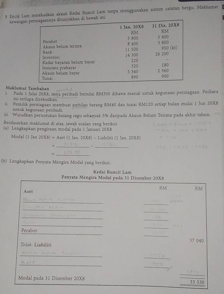 Encik Lam merekodkan akaun Kedai Runcit Lam tanpa menggunakan sistem catatan bergu. Maklumat 
kewangan h ini. 
Maklumat Tambahan 
i. Pada 1 Julai 20X8, meja peribadi bernilai RM350 dibawa masuk untuk kegunaan perniagaan. Perkara 
ini terlupa direkodkan. 
ii. Pemilik perniagaan membuat ambilan barang RM40 dan tunai RM120 setiap bulan mulai 1 Jun 20X8 
untuk kegunaan peribadi. 
iii. Wujudkan peruntukan hutang ragu sebanyak 5% daripada Akaun Belum Terima pada akhir tahun. 
Berdasarkan maklumat di atas, jawab soalan yang berikut. 
(a) Lengkapkan pengiraan modal pada 1 Januari 20X8
Modal (1 Jan 20* 8)=Ase (1 Jan, 20X8) - Liabiliti (1 Jan. 20X8) 
_= 
_ 
_= 
(b) Lengkapkan Penyata Mengira Modal yang berikut. 
Kedai Runcit Lam