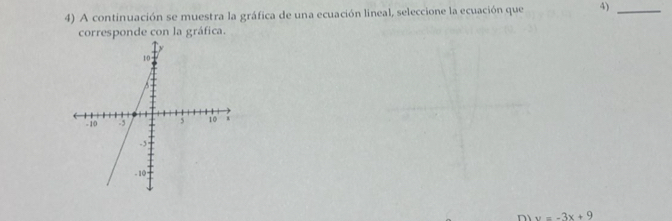 A continuación se muestra la gráfica de una ecuación lineal, seleccione la ecuación que 4)_
corresponde con la gráfica.
D v=-3x+9