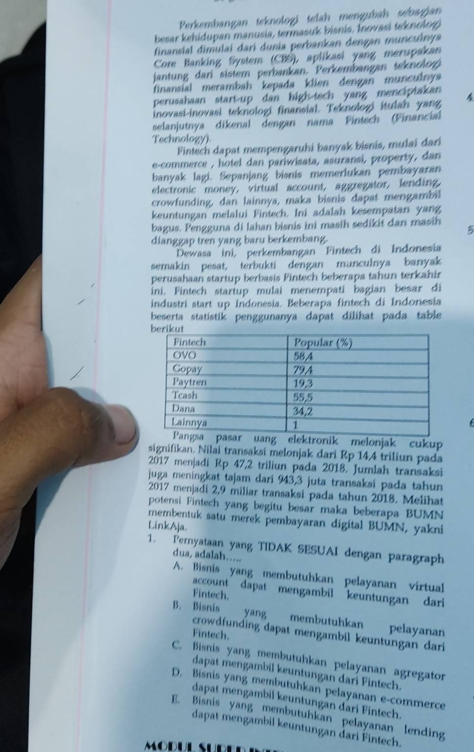 Perkembangan teknologi telah mengubah sebagjan
besar kehidupan manusia, termasuk bisnis. Inovasi teknoloz)
finansial dimulai darí dunia perbankan dengan munculnya
Core Banking System (CBS), aplikasi yang merupakan
jantung dari sistem perbankan, Perkembangan teknoloz
finansial merambah kepada klien dengan munculnya
perusahaan start-up dan high-tech yang menciptakan 
inovasi-inovasi teknologi finansial. Teknolozi itulah yang
selanjutnya dikenal dengan nama Fintech (Financial
Technology)
Fintech dapat mempengaruhi banyak bisnis, mulaí darí
e-commerce , hotel dan pariwisata, asuransi, property , dan
banyak lagi. Sepanjang bisnis memerlukan pembayaran
electronic money, virtual account, aggregator, lending,
crowfunding, dan lainnya, maka bisnis dapat mengambil
keuntungan melalui Fintech. Ini adalah kesempatan yang
bagus. Pengguna di lahan bisnis ini masih sedikit dan masih
dianggap tren yang baru berkembang.
Dewasa ini, perkembangan Fintech di Indonesia
semakin pesat, terbukti dengan munculnya banyak
perusahaan startup berbasis Fintech beberapa tahun terkahir
ini. Fintech startup mulai menempati bagian besar di
industri start up Indonesia, Beberapa fintech di Indonesia
beserta statistik penggunanya dapat dilihat pada table 
f
uang elektronik melonjak cukup
signifikan. Nilai transaksi melonjak dari Rp 144 triliun pada
2017 menjadi Rp 47,2 triliun pada 2018. Jumlah transaksi
juga meningkat tajam dari 943,3 juta transaksi pada tahun
2017 menjadi 2,9 miliar transaksi pada tahun 2018. Melihat
potensi Fintech yang begitu besar maka beberapa BUMN
membentuk satu merek pembayaran digital BUMN, yakni
LinkAja.
1. Pernyataan yang TIDAK SESUAI dengan paragraph
dua, adalah.....
A. Bisnis yang membutuhkan pelayanan virtual
account dapat mengambil keuntungan dari
Fintech.
B. Bisnis yang membutuhkan pelayanan
crowdfunding dapat mengambil keuntungan dari
Fintech.
C. Bisnis yang membutuhkan pelayanan agregator
dapat mengambil keuntungan darí Fintech.
D. Bisnis yang membutuhkan pelayanan e-commerce
dapat mengambil keuntungän dari Fintech.
E. Bisnis yang membutuhkan pelayanan lending
dapat mengambil keuntungan dari Fintech.
Modul