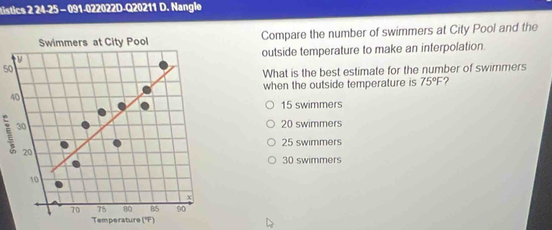 tistics 2 24-25 - 091-022022D-Q20211 D. Nangle
Swimmers at City Pool Compare the number of swimmers at City Pool and the
y outside temperature to make an interpolation.
50
What is the best estimate for the number of swimmers
when the outside temperature is 75°F ?
40
15 swimmers
30 20 swimmers
25 swimmers
20
30 swimmers
10
x
70 75 80 85 90
Temperature (°F)