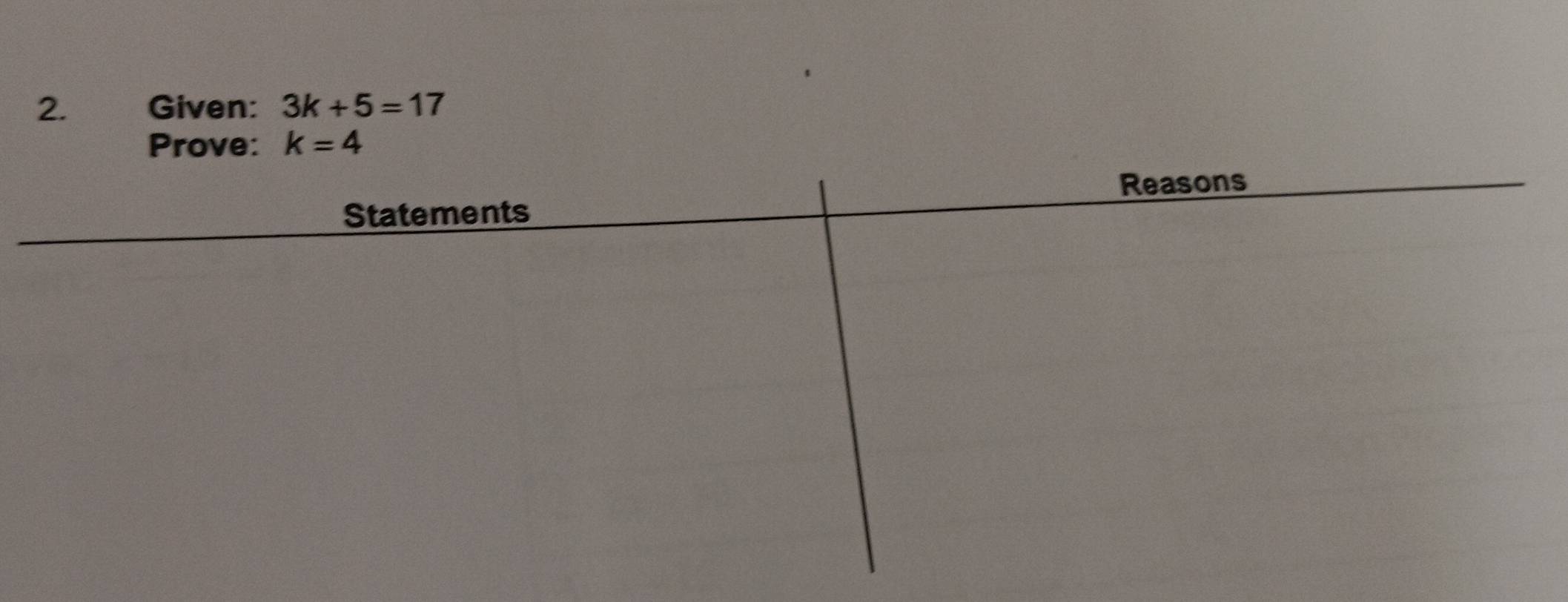 Given: 3k+5=17
Prove: k=4