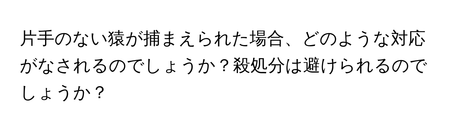 片手のない猿が捕まえられた場合、どのような対応がなされるのでしょうか？殺処分は避けられるのでしょうか？