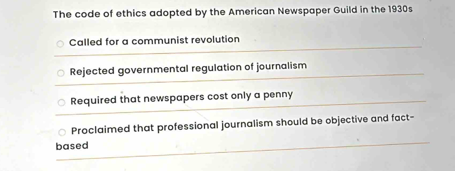 The code of ethics adopted by the American Newspaper Guild in the 1930s
Called for a communist revolution
Rejected governmental regulation of journalism
Required that newspapers cost only a penny
Proclaimed that professional journalism should be objective and fact-
based