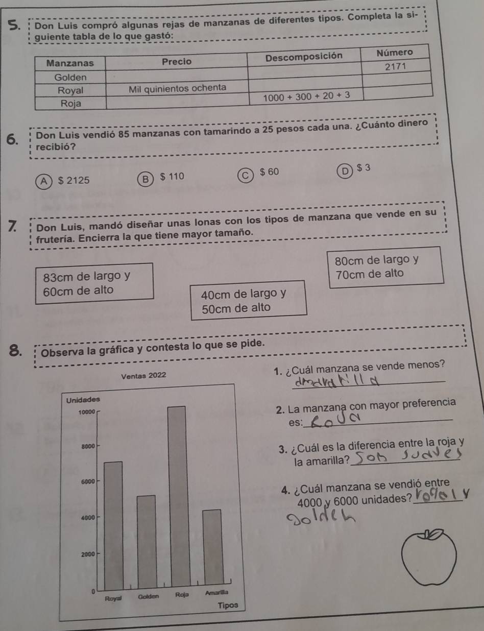 Don Luis compró algunas rejas de manzanas de diferentes tipos. Completa la si-
guiente tabla de lo que gastó:
Don Luis vendió 85 manzanas con tamarindo a 25 pesos cada una. ¿Cuánto dinero
6. recibió?
$ 60
A ) $ 2125 B) $ 110 D) $ 3
Don Luis, mandó diseñar unas lonas con los tipos de manzana que vende en su
frutería. Encierra la que tiene mayor tamaño.
80cm de largo y
83cm de largo y
70cm de alto
60cm de alto
40cm de largo y
50cm de alto
8. Observa la gráfica y contesta lo que se pide.
_
1. ¿Cuál manzana se vende menos?
_
2. La manzana con mayor preferencia
es:
3. ¿Cuál es la diferencia entre la roja y
la amarilla?_
4. ¿Cuál manzana se vendió entre
4000 y 6000 unidades?_