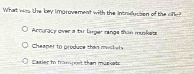 What was the key improvement with the introduction of the rifle?
Accuracy over a far larger range than muskets
Cheaper to produce than muskets
Easier to transport than muskets