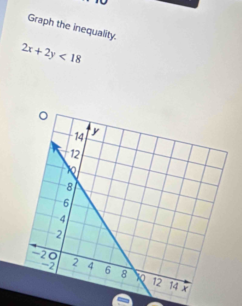 Graph the inequality.
2x+2y<18</tex>