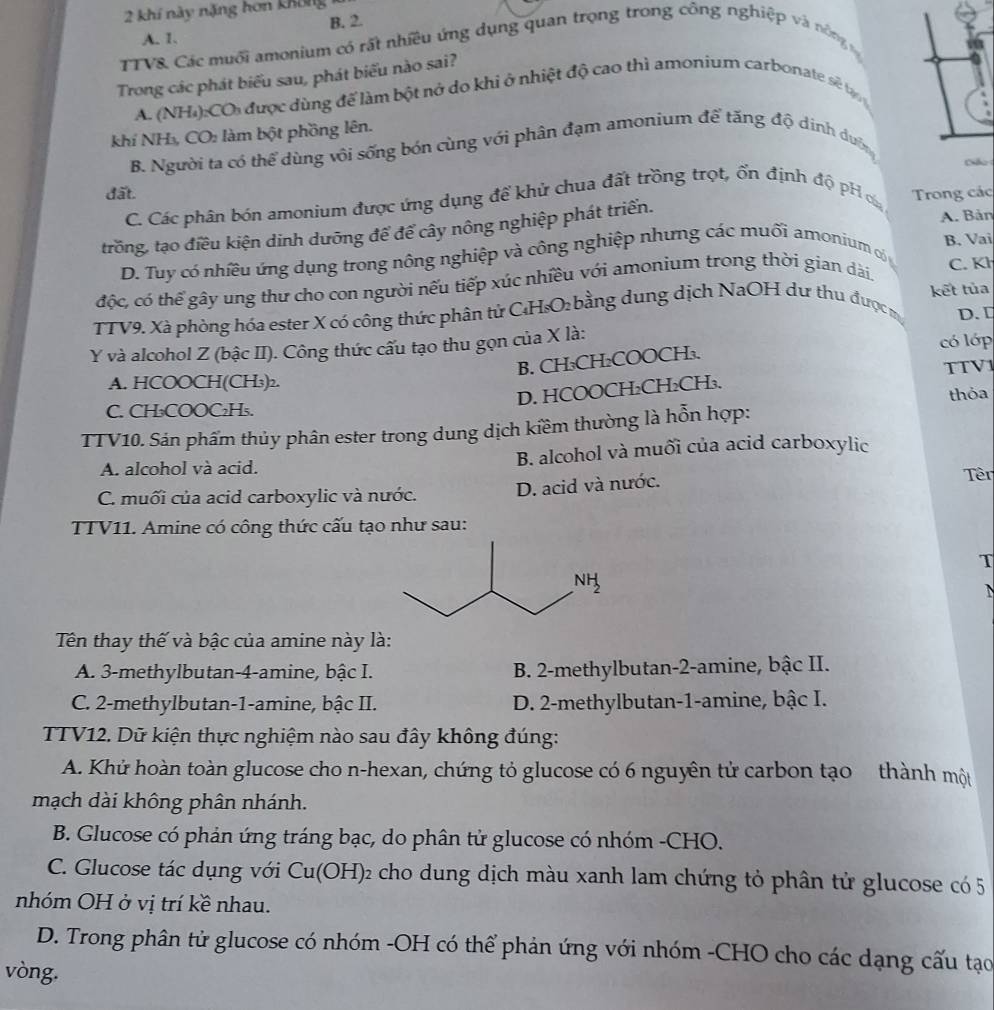 khí này năng hon không
A. 1. B. 2.
TTV8. Các muối amonium có rất nhiều ứng dụng quan trọng trong công nghiệp và nông 
Trong các phát biểu sau, phát biểu nào sai?
A. (NH₄):COi được dùng để làm bột nở do khi ở nhiệt độ cao thì amonium carbonate sẽ t 
khí NH₃ CO làm bột phồng lên.
B. Người ta có thể dùng vôi sống bón cùng với phân đạm amonium để tăng độ dinh đuờng
Dão 
đất. Trong các
C. Các phân bón amonium được ứng dụng để khử chua đất trồng trọt, ổn định độ pH 
trong, tạo điều kiện dinh dưỡng để để cây nông nghiệp phát triển. A. Bản
D. Tuy có nhiều ứng dụng trong nông nghiệp và công nghiệp nhưng các muối amonium có B. Vai
độc, có thế gây ung thư cho con người nếu tiếp xúc nhiều với amonium trong thời gian dài.
C. Kh
TTV9. Xà phòng hóa ester X có công thức phân tử C₄H₆O₂ bằng dung dịch NaOH dư thu được m kết tủa
D.
Y và alcohol Z (bậc II). Công thức cấu tạo thu gọn của X là:
B. CH₃CH₂COOCH₃. có lớp
A. HCOOCH(CH₃)₂. TTV1
D. HCOOCH₂CH₂CH₃.
C. CH₃COOC₂H₅. thỏa
TTV10. Sán phẩm thủy phân ester trong dung dịch kiềm thường là hỗn hợp:
A. alcohol và acid. B. alcohol và muối của acid carboxylic
C. muối của acid carboxylic và nước. D. acid và nước.
Tên
TTV11. Amine có công thức cấu tạo như sau:
T
Tên thay thế và bậc của amine này là:
A. 3-methylbutan-4-amine, bậc I. B. 2-methylbutan-2-amine, bậc II.
C. 2-methylbutan-1-amine, bậc II. D. 2-methylbutan-1-amine, bậc I.
TTV12. Dữ kiện thực nghiệm nào sau đây không đúng:
A. Khử hoàn toàn glucose cho n-hexan, chứng tỏ glucose có 6 nguyên tử carbon tạo thành một
mạch dài không phân nhánh.
B. Glucose có phản ứng tráng bạc, do phân tử glucose có nhóm -CHO.
C. Glucose tác dụng với Cu(OH)_2 cho dung dịch màu xanh lam chứng tỏ phân tử glucose có 5
nhóm OH ở vị trí kề nhau.
D. Trong phân tử glucose có nhóm -OH có thể phản ứng với nhóm -CHO cho các dạng cấu tạo
vòng.
