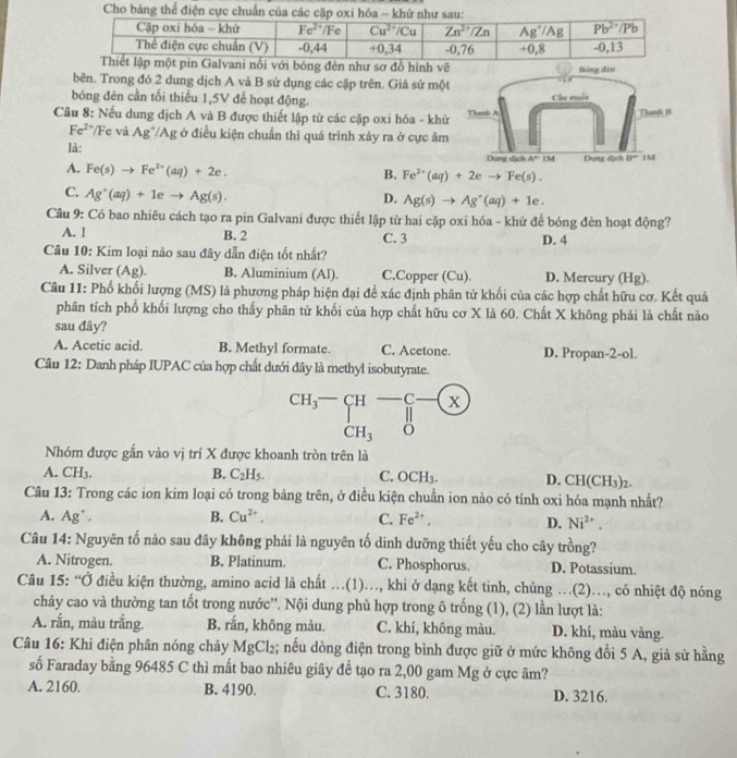 Cho bản
bên. Trong đó 2 dung dịch A và B sử dụng các cặp trên. Giả sử một
bóng đèn cần tối thiểu 1,5V để hoạt động. 
Cầu 8: Nếu dung dịch A và B được thiết lập từ các cặp oxi hóa - khử
Fe^(2+) *Fe và Ag*/Ag ở điều kiện chuẩn thì quá trình xây ra ở cực âm
là:
A. Fe(s)to Fe^(2+)(aq)+2e.
B.
C. Ag^+(aq)+1eto Ag(s).
D. Ag(s)to Ag^+(aq)+1e.
Câu 9: Có bao nhiêu cách tạo ra pin Galvani được thiết lập từ hai cặp oxi hóa - khử để bóng đèn hoạt động?
A. 1 B. 2 C. 3 D. 4
Câu 10: Kim loại nào sau đây dẫn điện tốt nhất?
A. Silver (Ag). B. Aluminium (Al). C.Copper (Cu). D. Mercury (Hg).
Câu 11: Phố khối lượng (MS) là phương pháp hiện đại để xác định phân tử khối của các hợp chất hữu cơ. Kết quả
phân tích phổ khối lượng cho thấy phân tử khối của hợp chất hữu cơ X là 60. Chất X không phải là chất nào
sau đây?
A. Acetic acid. B. Methyl formate. C. Acetone. D. Propan-2-ol.
Câu 12: Danh pháp IUPAC của hợp chất dưới đây là methyl isobutyrate.
CH_3-CH _  C x
CH_3
Nhóm được gắn vào vị trí X được khoanh tròn trên là
A. CH₃. B. C_2H_5. C. OCH_3. D. CH(CH_3)_2.
Câu 13: Trong các ion kim loại có trong bảng trên, ở điều kiện chuẩn ion nào có tính oxi hóa mạnh nhất?
A. Ag*. B. Cu^(2+). C. Fe^(2+).
D. Ni^(2+).
Câu 14: Nguyên tố nào sau đây không phải là nguyên tố dinh dưỡng thiết yếu cho cây trồng?
A. Nitrogen. B. Platinum. C. Phosphorus. D. Potassium.
Câu 15: “Ở điều kiện thường, amino acid là chất …(1)., khi ở dạng kết tinh, chúng …(2).., có nhiệt độ nóng
chảy cao và thường tan tốt trong nước''. Nội dung phủ hợp trong ô trống (1), (2) lần lượt là:
A. rắn, màu trắng. B. rắn, không màu. C. khí, không màu. D. khí, màu vàng.
Câu 16: Khi điện phân nóng chảy MgCl_2; nếu dòng điện trong bình được giữ ở mức không đổi 5 A, giả sử hằng
số Faraday bằng 96485 C thì mất bao nhiêu giây đề tạo ra 2,00 gam Mg ở cực âm?
A. 2160. B. 4190. C. 3180. D. 3216.
