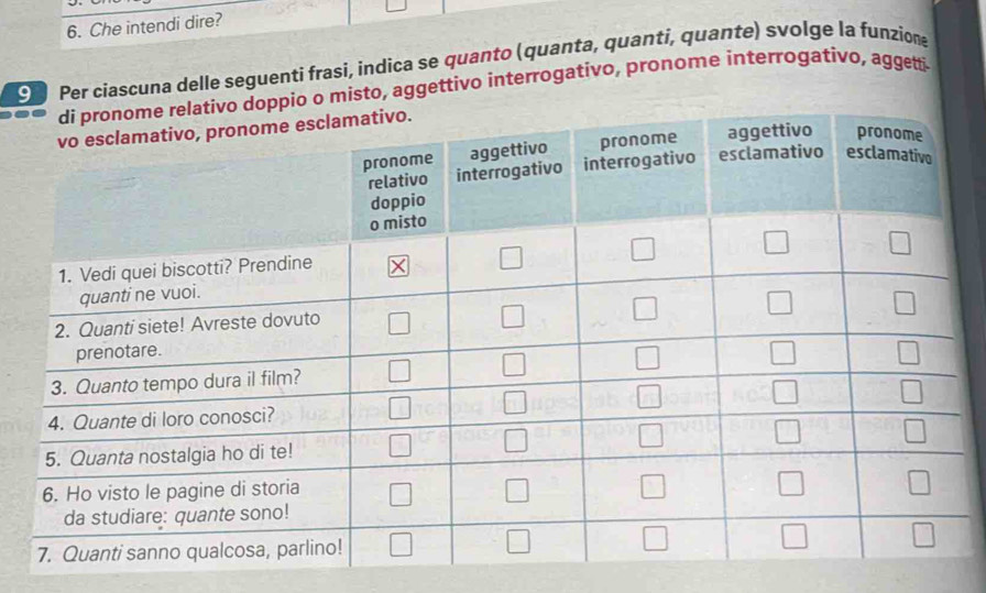 Che intendi dire?
9 Per ciascuna delle seguenti frasi, indica se quanto (quanta, quanti, quante) svolge la funzione
o o misto, aggettivo interrogativo, pronome interrogativo, aggetti