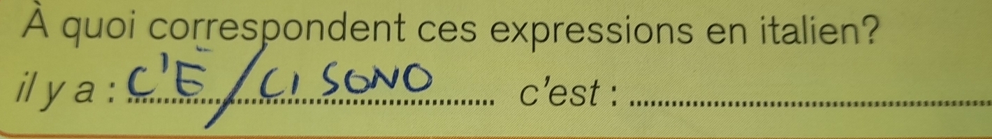 À quoi correspondent ces expressions en italien? 
il y a : _c'est :_