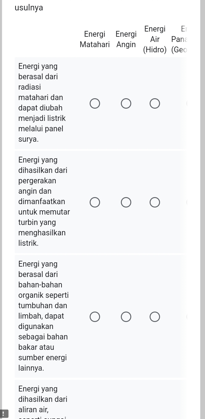 usulnya 
Energi Energi Energi E 
Air₹ Pana 
Matahari Angin (Hidro) (Geo 
Energi yang 
berasal dari 
radiasi 
matahari dan 
dapat diubah 
menjadi listrik 
melalui panel 
surya. 
Energi yang 
dihasilkan dari 
pergerakan 
angin dan 
dimanfaatkan 
untuk memutar 
turbin yang 
menghasilkan 
listrik. 
Energi yang 
berasal dari 
bahan-bahan 
organik seperti 
tumbuhan dan 
limbah, dapat 
digunakan 
sebagai bahan 
bakar atau 
sumber energi 
lainnya. 
Energi yang 
dihasilkan dari 
! aliran air,