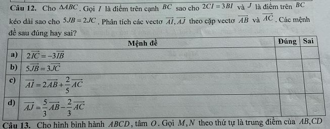 Cho △ ABC. Gọi / là điểm trên cạnh BC sao cho 2CI=3BI và V là điểm trên BC
kéo dài sao cho 5JB=2JC. Phân tích các vecto vector AI,vector AJ theo cặp vectơ vector AB và vector AC. Các mệnh
Câu 13. Cho hình bình hành ABCD, tâm O. Gọi M, N theo t