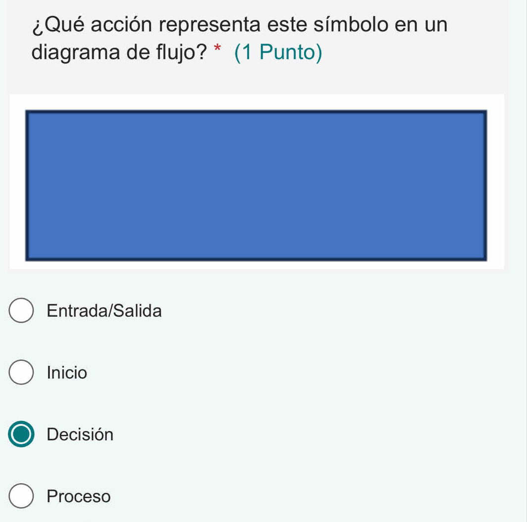 ¿Qué acción representa este símbolo en un
diagrama de flujo? * (1 Punto)
Entrada/Salida
Inicio
Decisión
Proceso