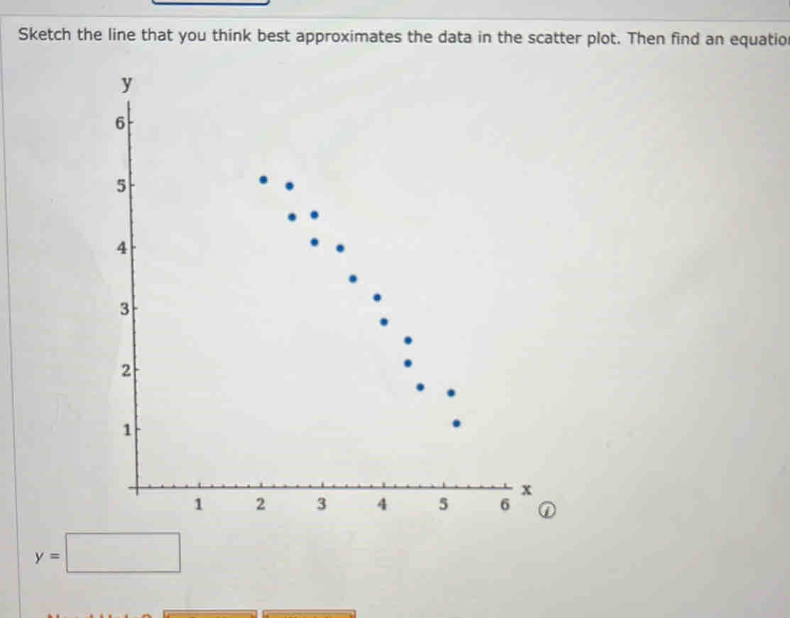 Sketch the line that you think best approximates the data in the scatter plot. Then find an equatio
y=□