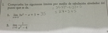 Comprueba los siguientes límites por medio de tabulación alrededor del 
punto que se da. 
1. limlimits _xto -33x^2-x+5=
2. limlimits _xto 2 1/x^2-4 