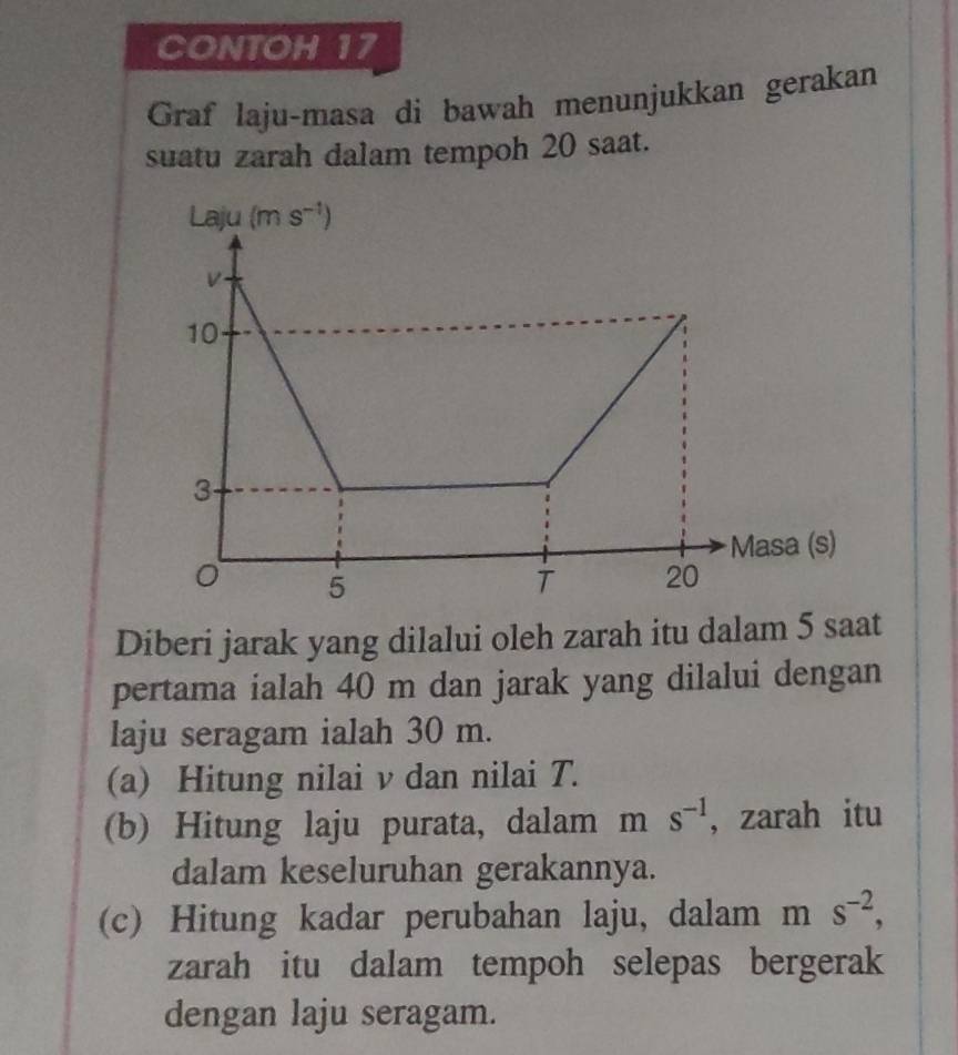 CONTOH 17
Graf laju-masa di bawah menunjukkan gerakan
suatu zarah dalam tempoh 20 saat.
Diberi jarak yang dilalui oleh zarah itu dalam 5 saat
pertama ialah 40 m dan jarak yang dilalui dengan
laju seragam ialah 30 m.
(a) Hitung nilai v dan nilai T.
(b) Hitung laju purata, dalam ms^(-1) , zarah itu
dalam keseluruhan gerakannya.
(c) Hitung kadar perubahan laju, dalam m s^(-2),
zarah itu dalam tempoh selepas bergerak
dengan laju seragam.