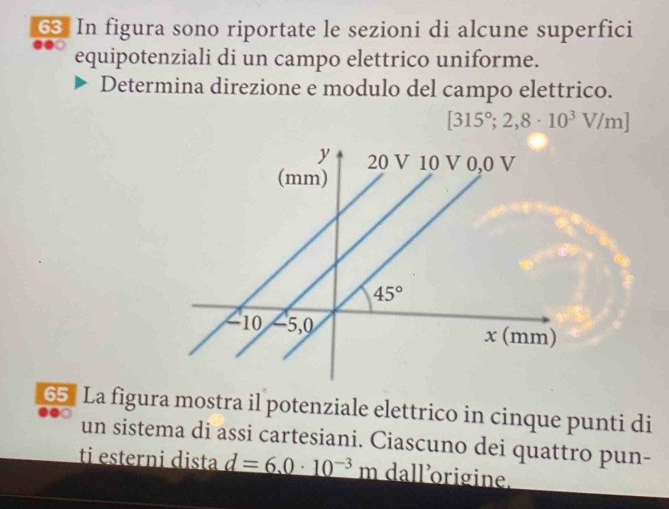 In figura sono riportate le sezioni di alcune superfici
equipotenziali di un campo elettrico uniforme.
Determina direzione e modulo del campo elettrico.
[315°;2,8· 10^3V/m]
65 " La figura mostra il potenziale elettrico in cinque punti di
un sistema di assi cartesiani. Ciascuno dei quattro pun-
t esterni dista d=6.0· 10^(-3)m dall'origine.