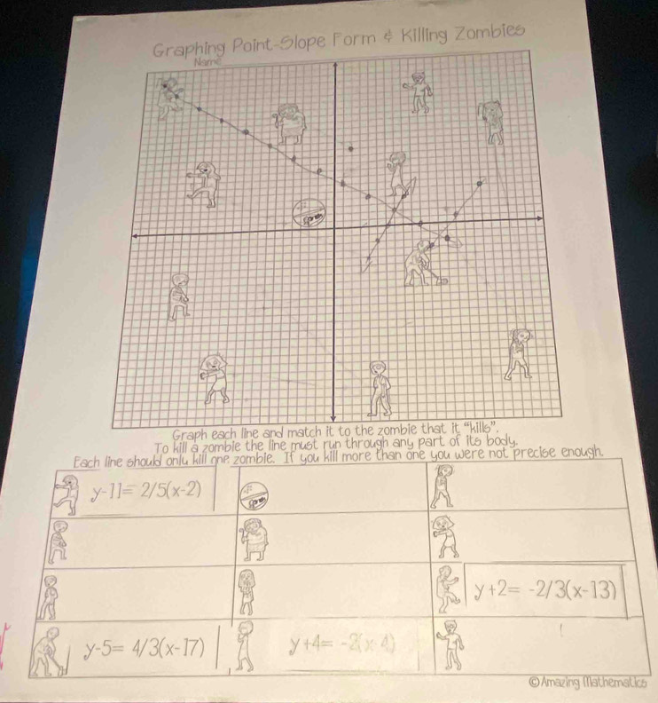 Graphing Point-Slope Form & Killing Zombies
To kill à zomble the line must run thị        
s